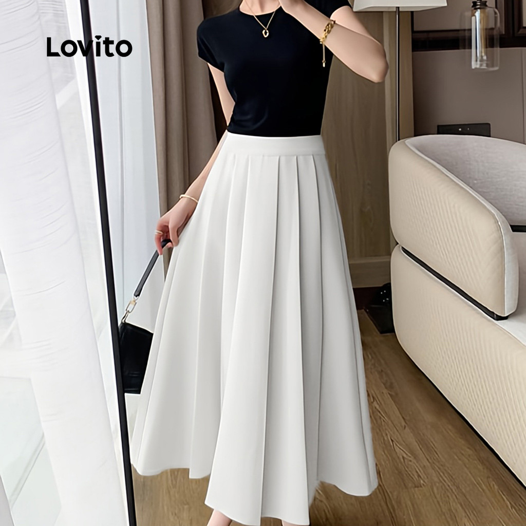 Detalhes do (Trendy) Lovito Saia simples plissada lisa elegante para mulheres L132ED563