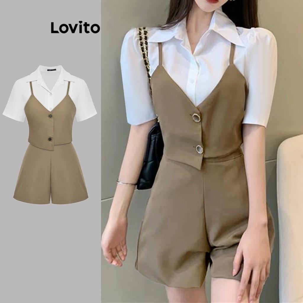 Lovito Conjuntos De Shorts Elegantes Com Botões Assimétricos Lisos Na Parte Superior Ou Inferior Para Mulheres L74ED216 em Oferta na Shopee