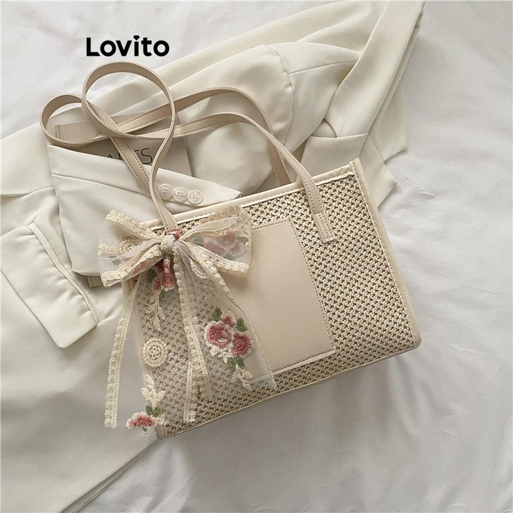 Lovito Casual Simples Moda Trança Bolsa de Ombro Grande Capacidade Bolsa de Ombro Tote para Mulheres LFA51515 - Women Bags