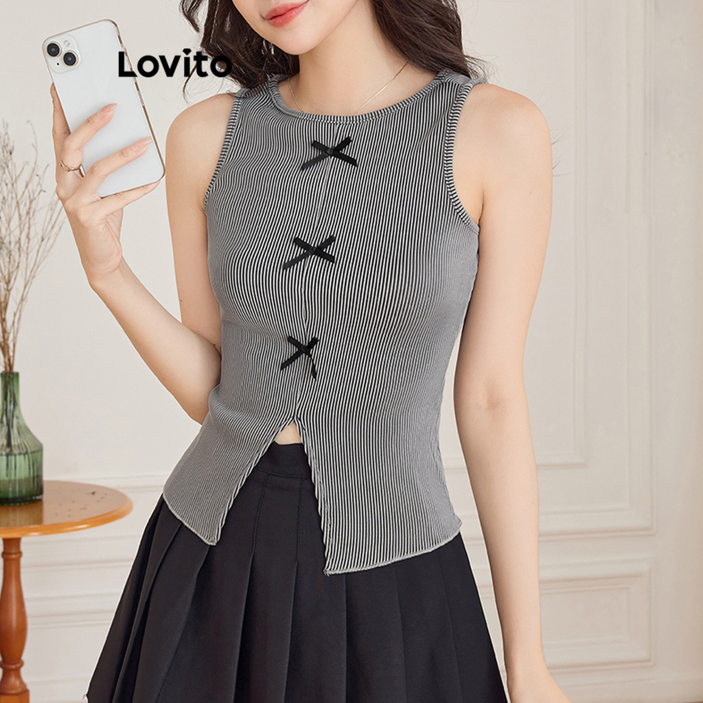 Lovito Regata Casual Com Laço Liso Para Mulheres L108ED1123 - Women Clothes