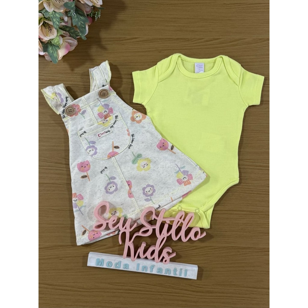 Salopete Infantil Cinti Verão Floral com Body Amarelo