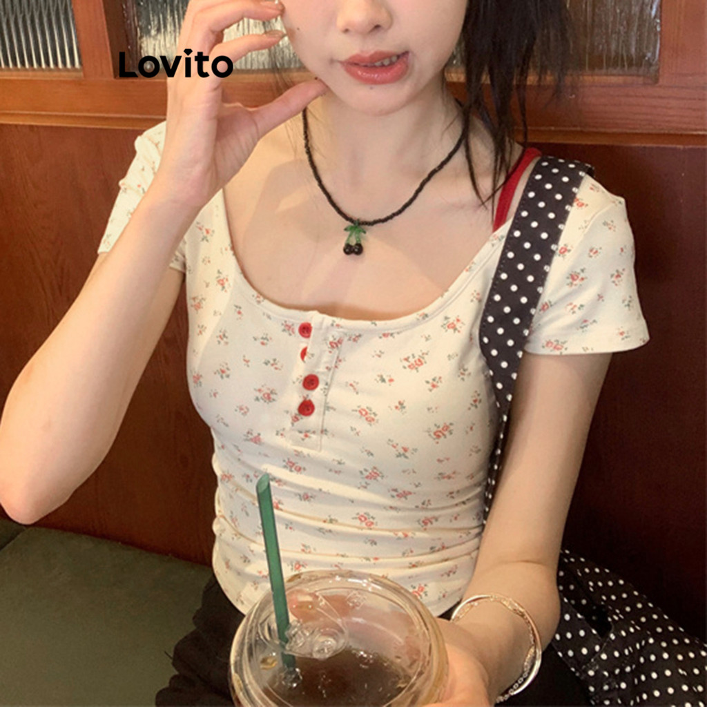 Detalhes do (LIVE STREAM SALE) Lovito Camiseta casual Ditsy floral com botão contrastante 2 em 1 para mulheres L90AD181