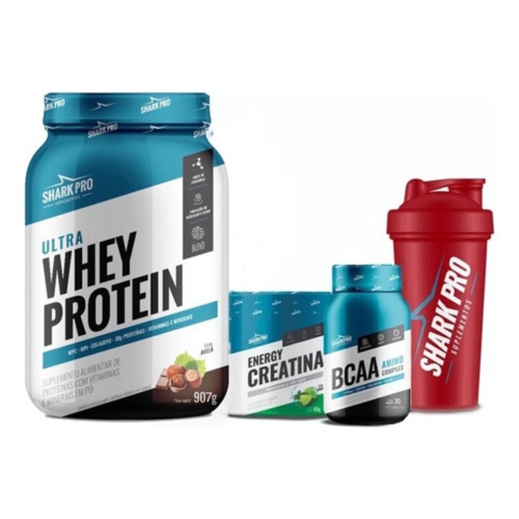 COMBO SHARK PRO WHEY PROTEIN POTE 900G CHOCO AVELÃ + CREATINA + BCAA + BRINDE
