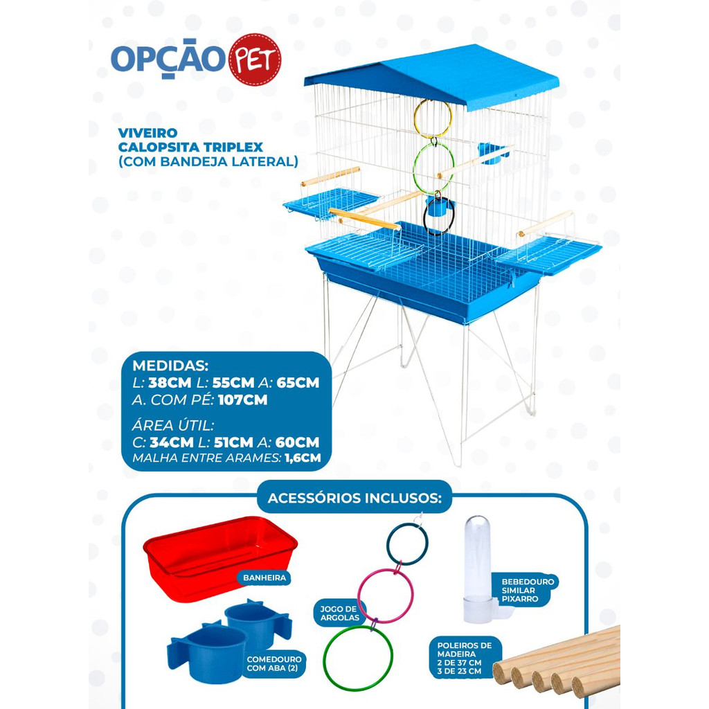 Viveiro Tríplex Grande para calopsita, papagaio e pássaros médios, com jogo de argolas coloridas na cor Azul - OPÇÃO PET
