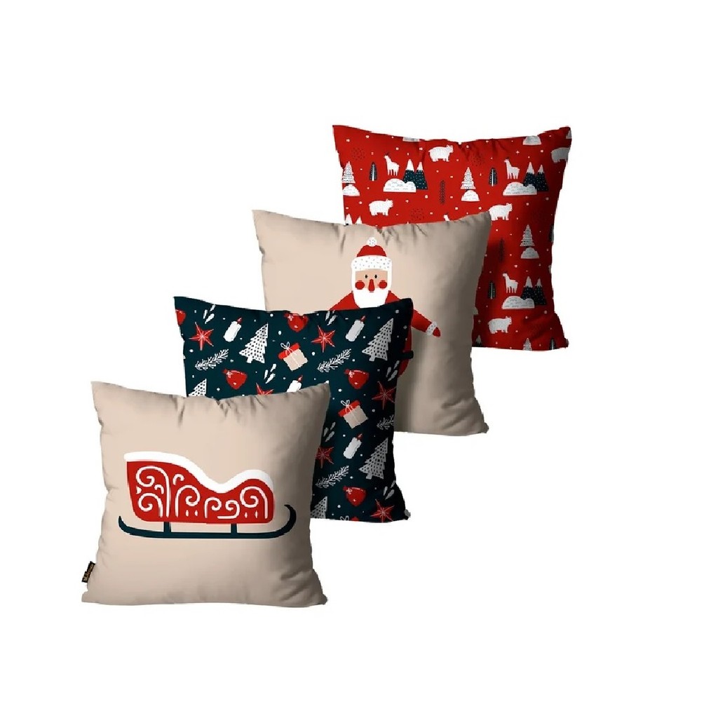 Kit com 4 Capas de Almofadas Natal Azul e Bege