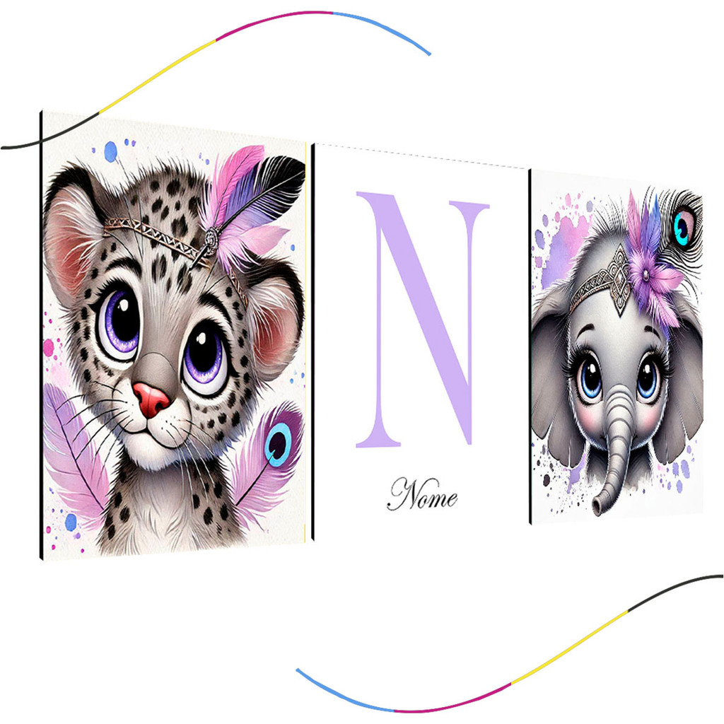 quadro decorativo infantil safari personalizado bichinhos 3 peças, safari, leão, leaozinho, lilás