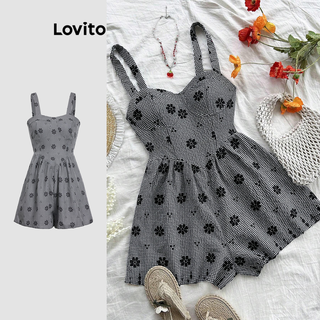 Lovito Macacão casual xadrez com zíper para mulheres L112ED243 - Women Clothes