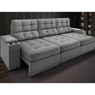 Sofá com Porta Copos e Carregador USB Eureka 2,30m Assento Retrátil e Reclinável Velosuede Grafite - NETSOFAS em Oferta na Shopee