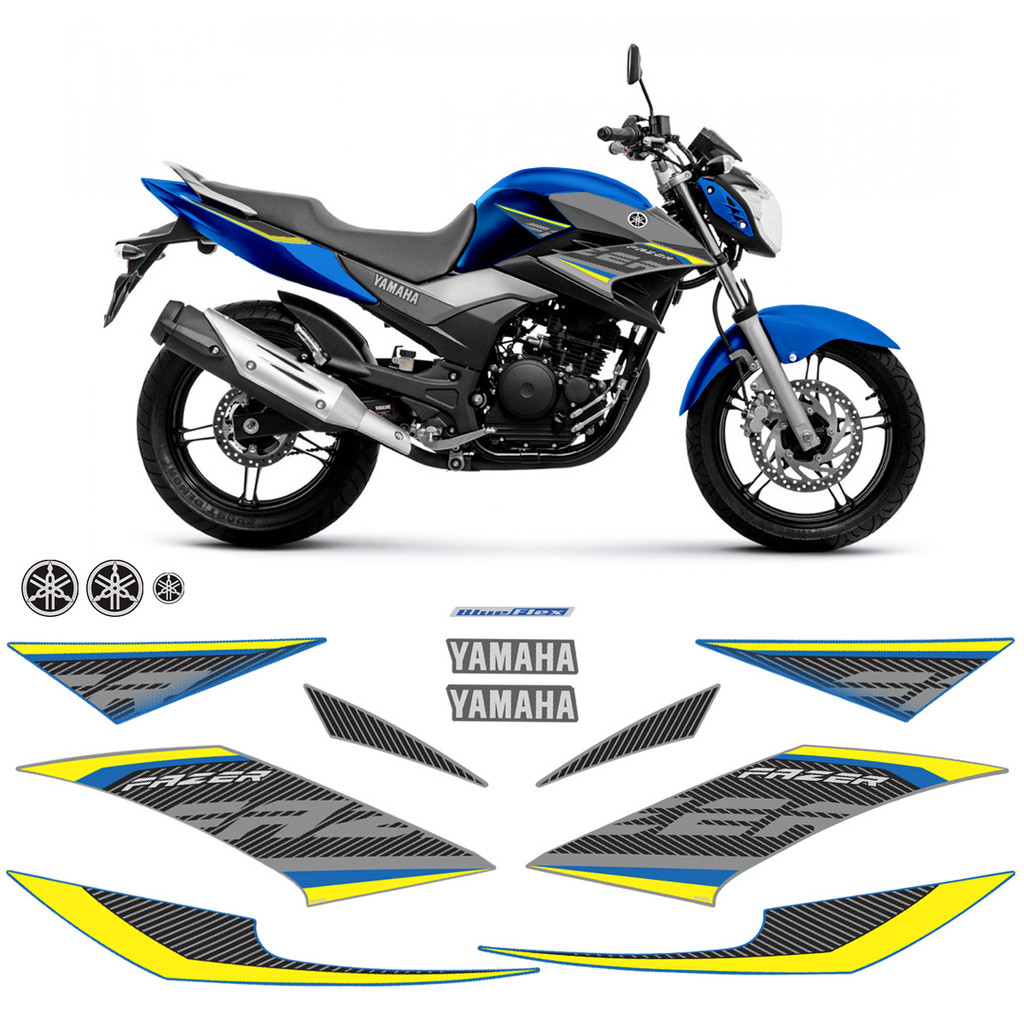Kit Adesivos Yamaha Fazer 250 2017 2018 Moto Azul + Emblemas em Oferta na Shopee