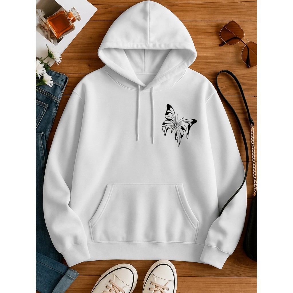 Moletom Canguru Estampado Borboleta de lado Feminino Blusa De Frio Streetwear Casaco 50% Poliester 50% Algodão