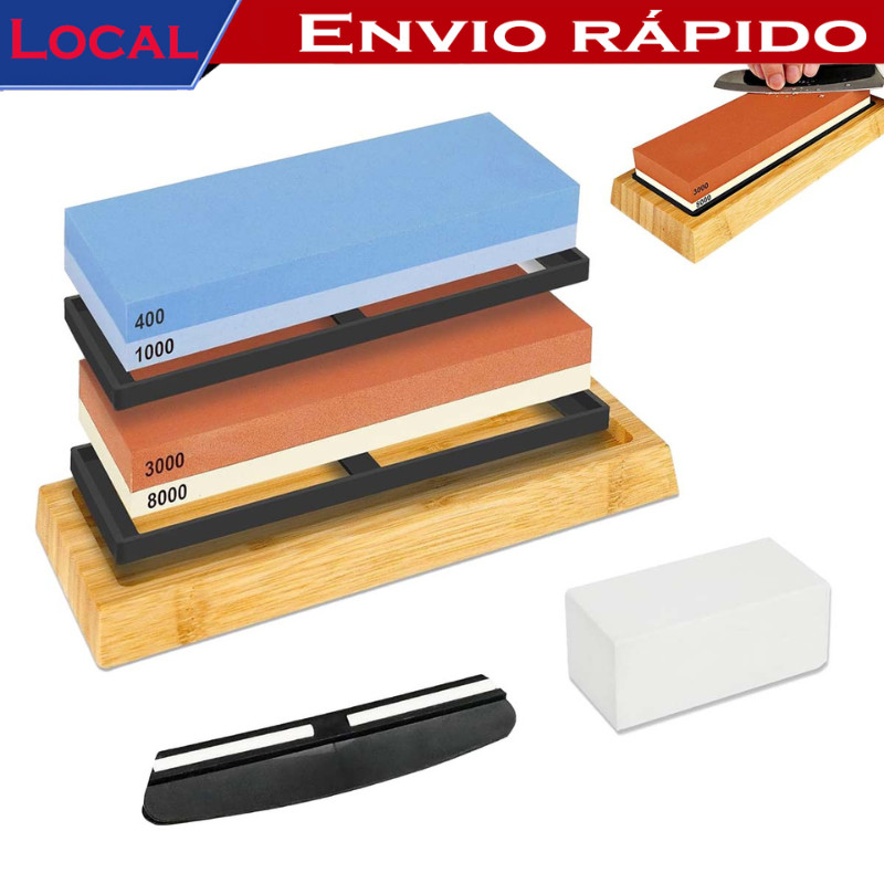 Conjunto de pedra de afiar faca,2 peças de grão 400/1000 3000/8000, kit de amolar com base de bambu antiderrapante