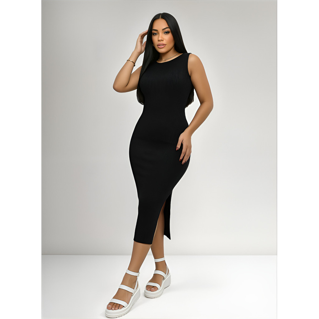 Vestido Midi Regata Com Fenda Lateral Canelado Feminino