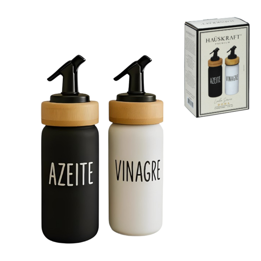 Kit Galheteiro Porta Azeite Vinagre Vidro Tampa Em Bambu 220ml