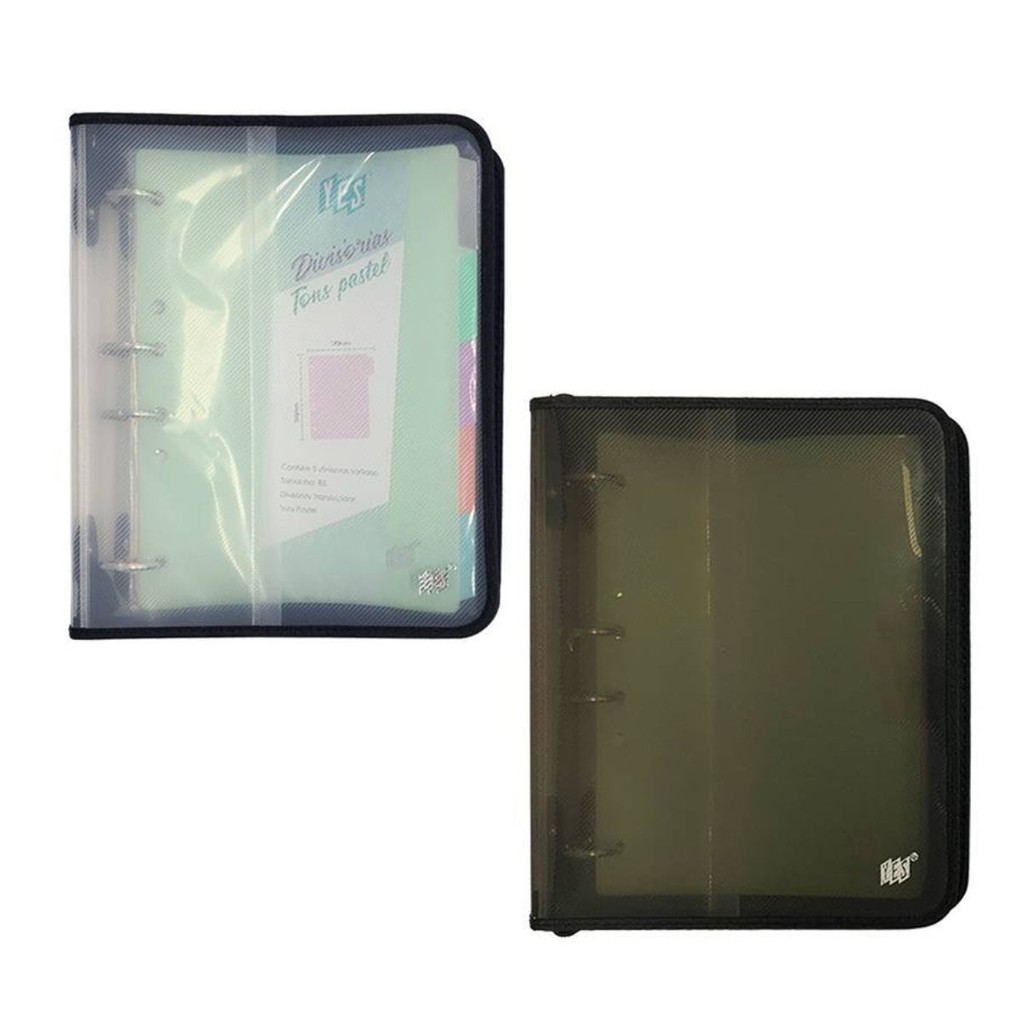 Fichário 4 Argolas com Zíper Universal B5 YES com Bloco 96 Folhas Cristal Fumê 5 Divisórias Planner
