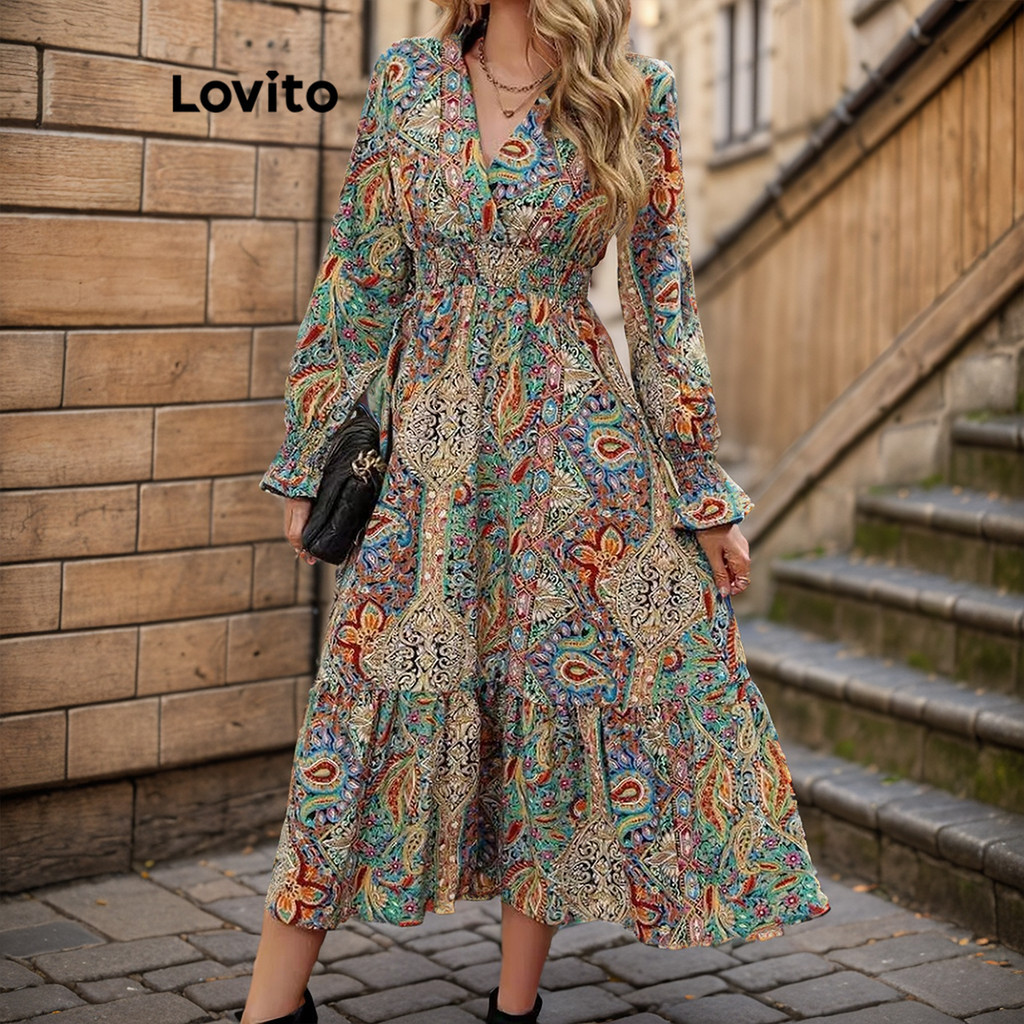 Lovito Vestido Boho Com Estampa Tribal E Vestido Franzido Para Mulheres LNL57040