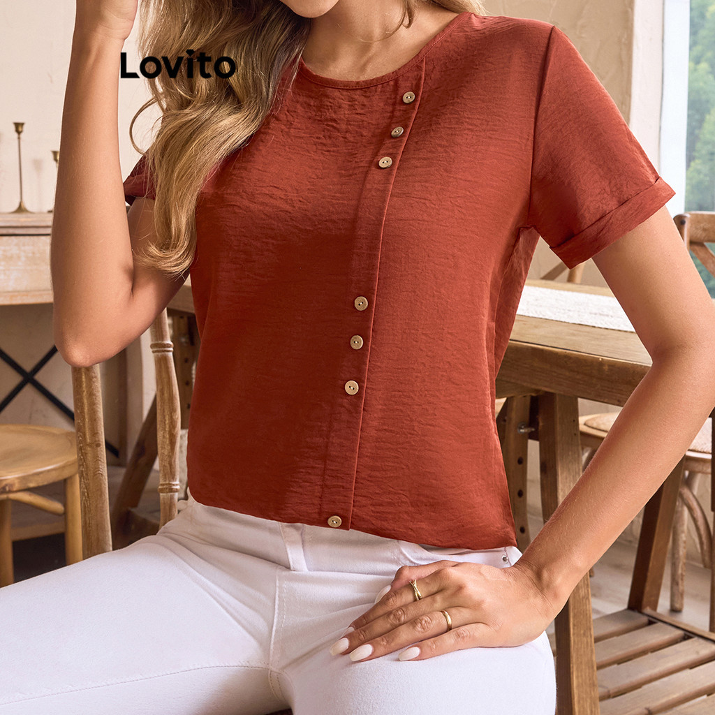 Lovito Blusa Casual Blusa Lisa Com Botões Para Mulheres LBL17107 - Women Clothes