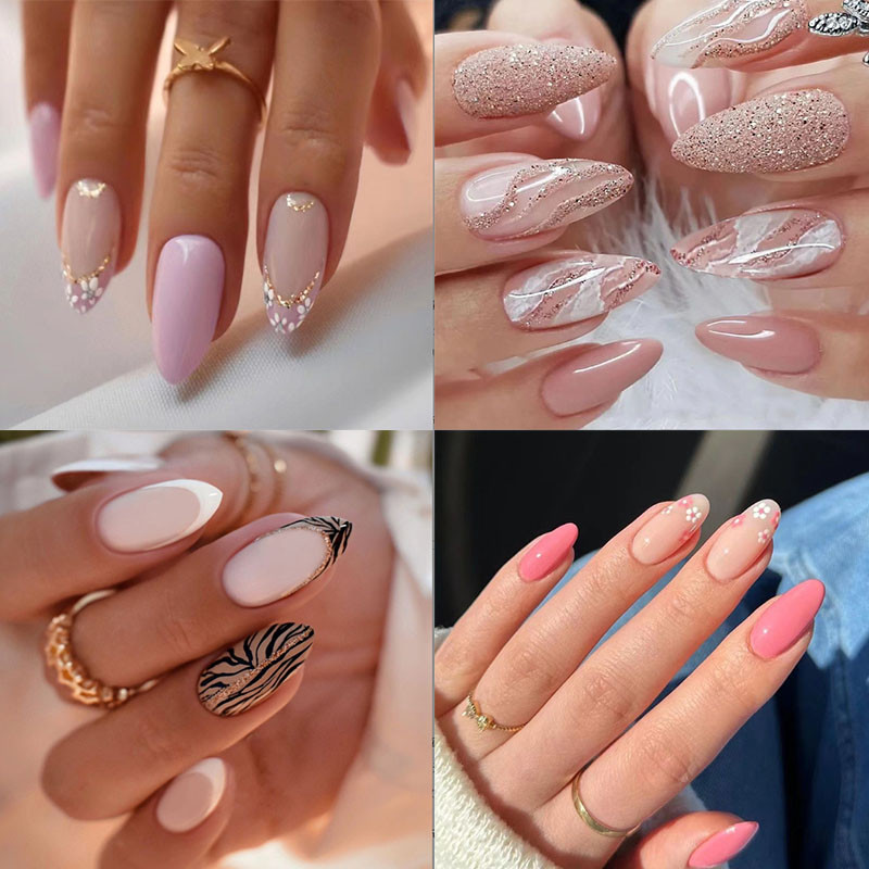 unha postica realista amendoada francesinha Com Cola unhas postiças decoradas média nails