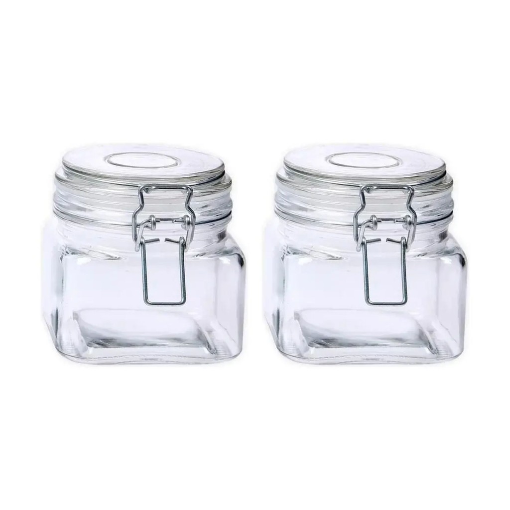 Kit 2 Pote De Vidro Vedação Hermético Quadrado C/ Travas Presilhas 460ml Design Elegante