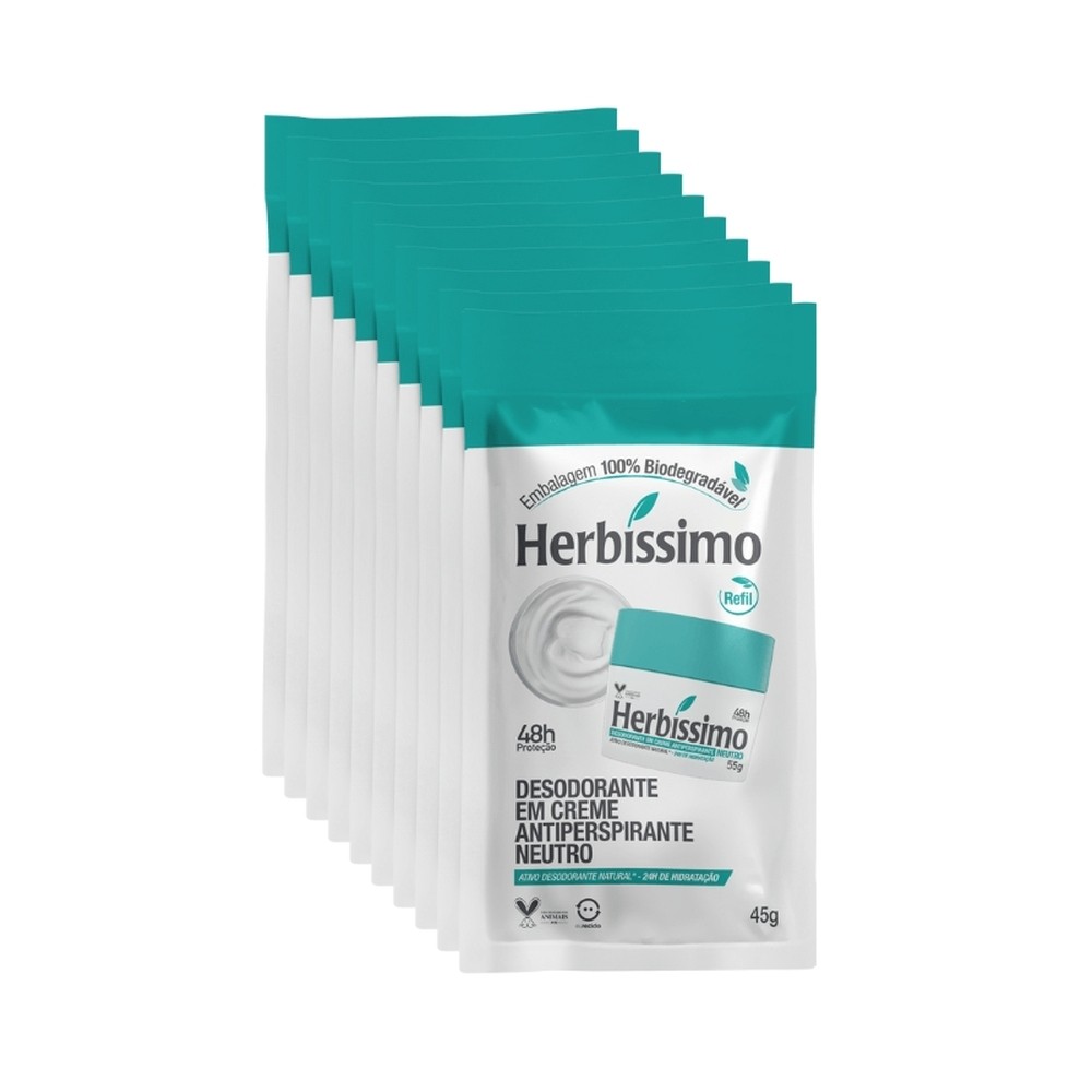 Kit Sachê Refil Desodorante Creme Antitranspirante Neutro Herbissimo 45G (10 unidades)