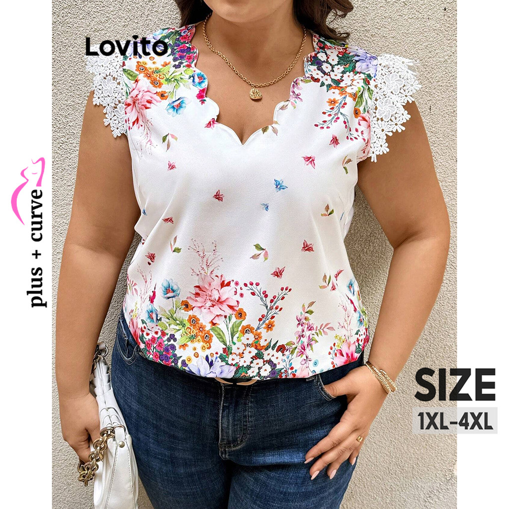Lovito Blusa casual feminina com costura em tecido de renda borboleta plus size LBL16465 - Women Clothes