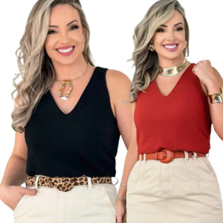 Kit com 2 Blusa Feminina Social Regata Alça Larga Tecido Duna Tendência Moda !! em Oferta na Shopee