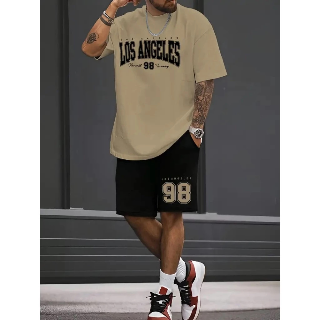 Conjunto Camiseta E Bermuda Los Angeles 98 Estampa Casual Masculino Kit Camisa e Short Moletom Conjunto Camiseta E Bermuda Los Angeles 98 Estampa Casual Masculino Kit Camisa e Short Moletom