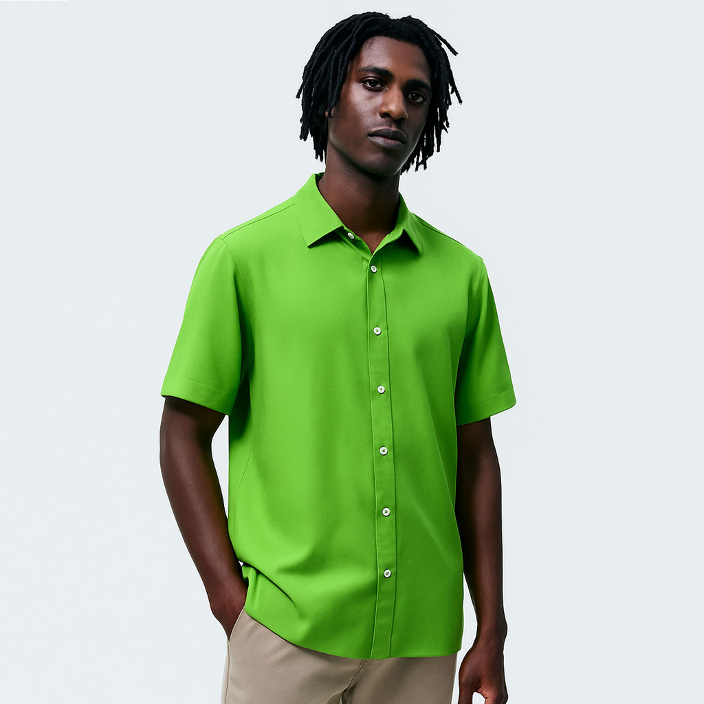 Camisa Masculina De Botão Manga Curta Verde Limão Viscose
