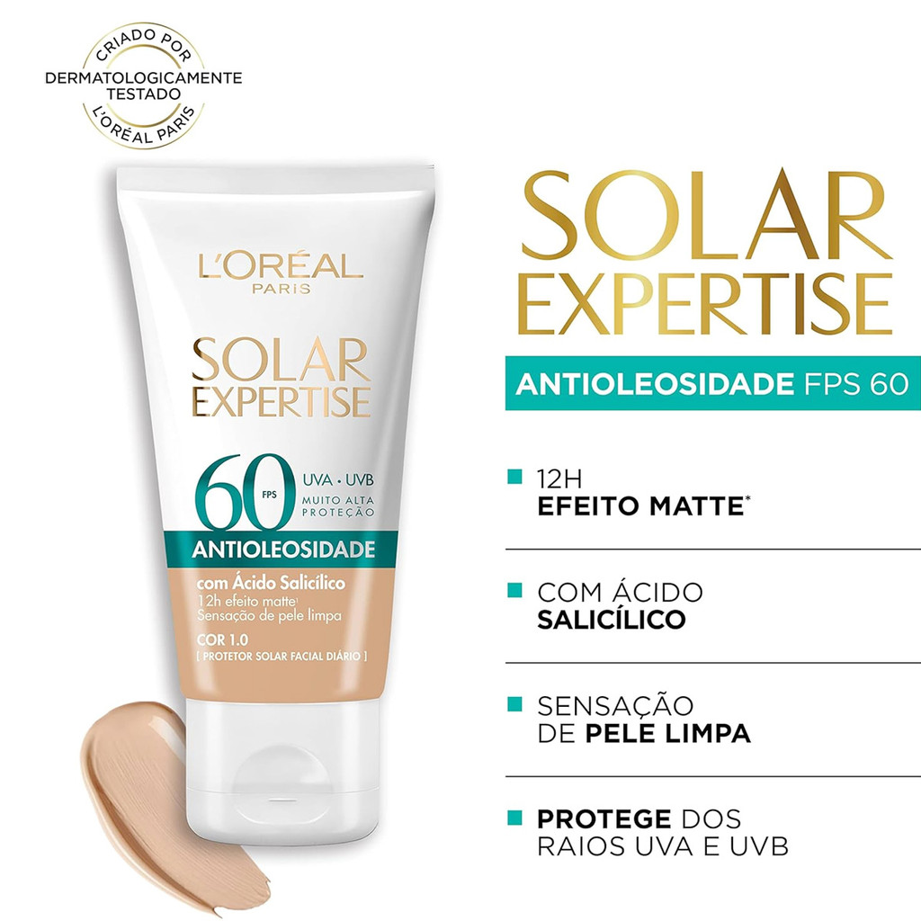 Detalhes do L'Oréal Paris Solar Expertise Antioleosidade FPS60 Cor 1.0 - Protetor Solar Facial 40g