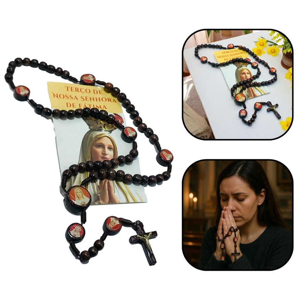 Terço Nossa Senhora de Fátima Madeira com Folheto de Oração