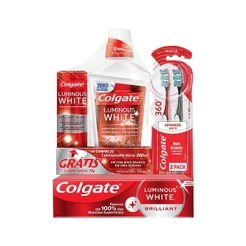 Kit Colgate Luminous White Creme dental 140g + Escova Advanced 2Un + Pack Enxaguante bucal e Creme Dental