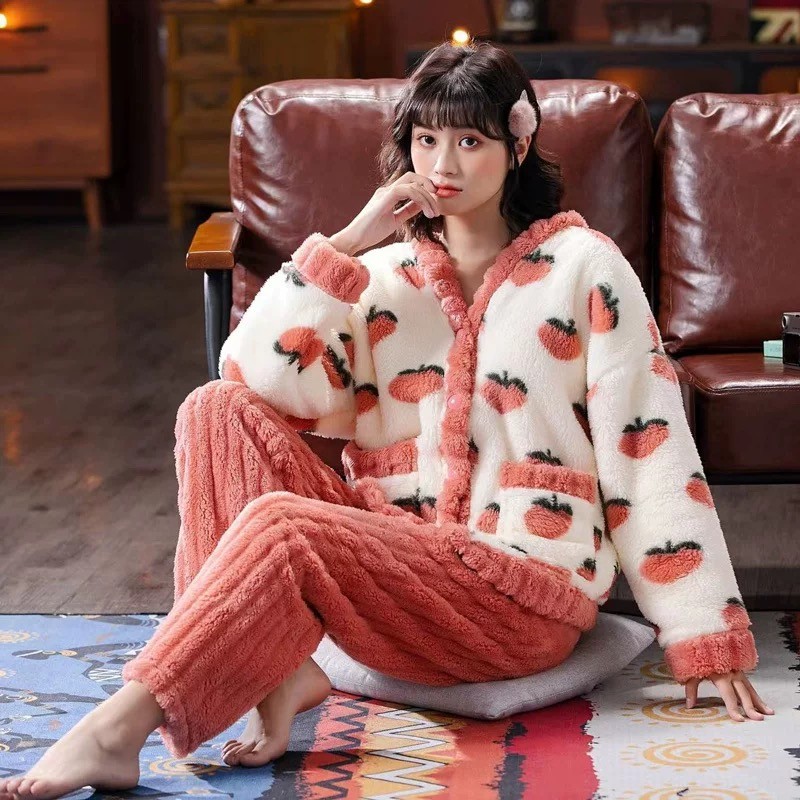 Pijamas de Outono Inverno para Mulheres, Conjunto de Roupas de Casa com Forro de Fleece, A...