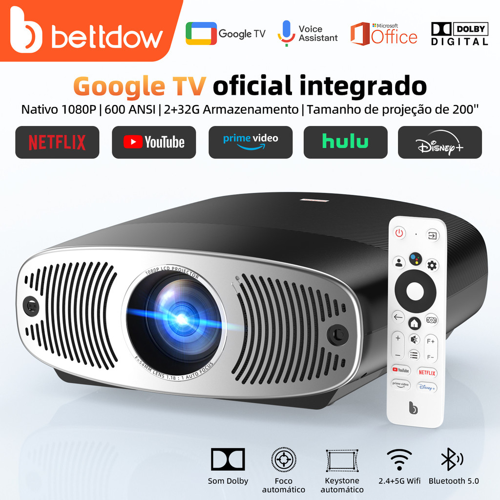Projetor Bettdow 4K 25000 lúmens Full HD 1080p compatível com Android 9.0 (AOSP) + Google TV, Netflix original, 850 ANSI em Oferta na Shopee