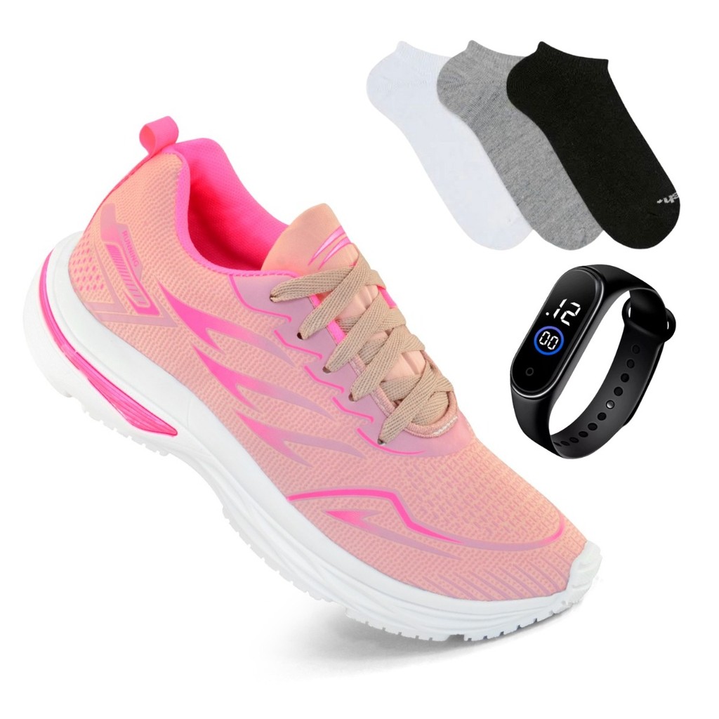 Kit Tênis Relogio e Meia Feminino com Solado Macio para Corridas e Treinos