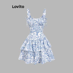 Lovito Casual Vestido Floral Com Babados E Bainha Com Cadarço Em Camadas Verão Para Mulheres Bordado L117AD067