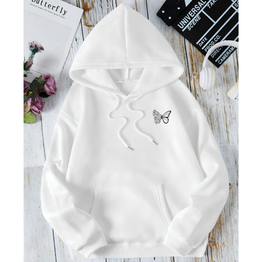 Moletom Canguru com Capuz Streetwear Flor Borboleta Blusa Flanelada Feminina