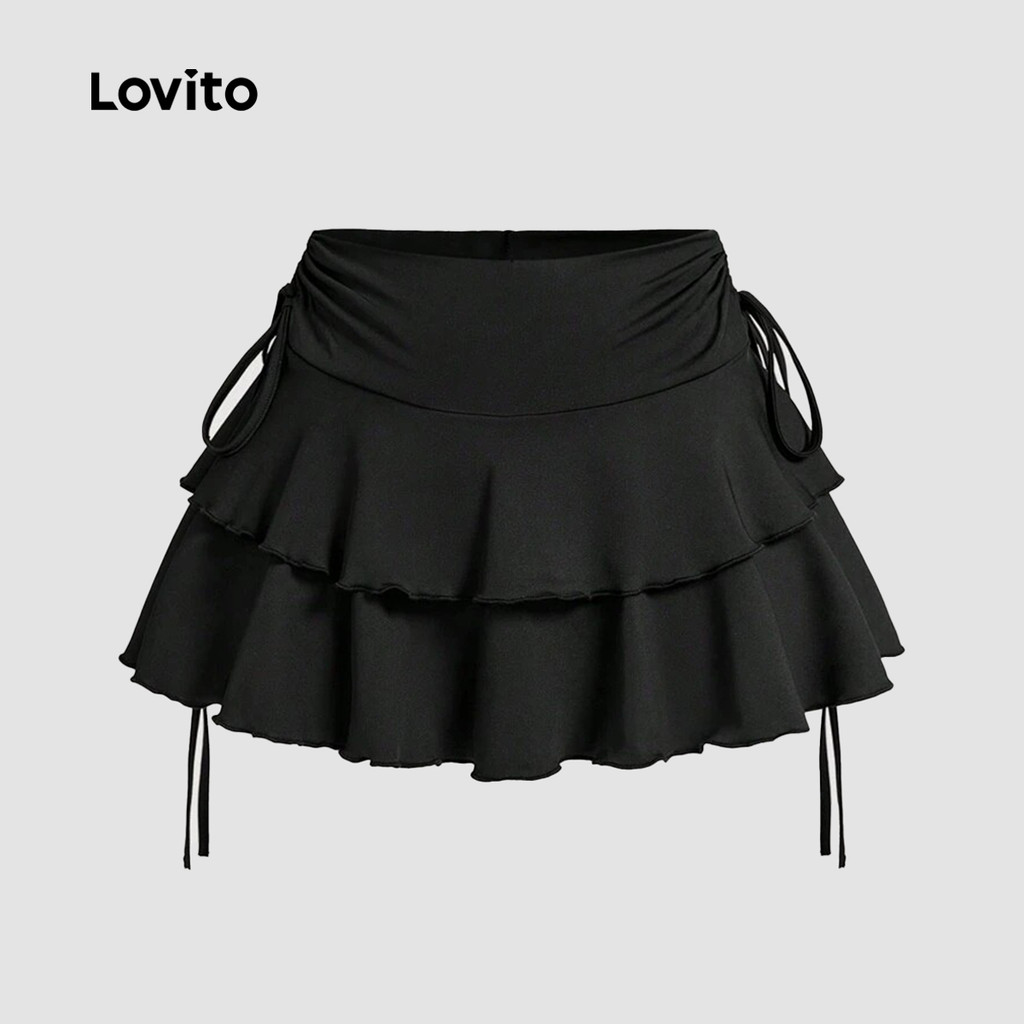 Lovito Saia Casual Lisa Com Babados E Bainha Em Camadas Com Babados Para Mulheres L133AD424 - Women Clothes