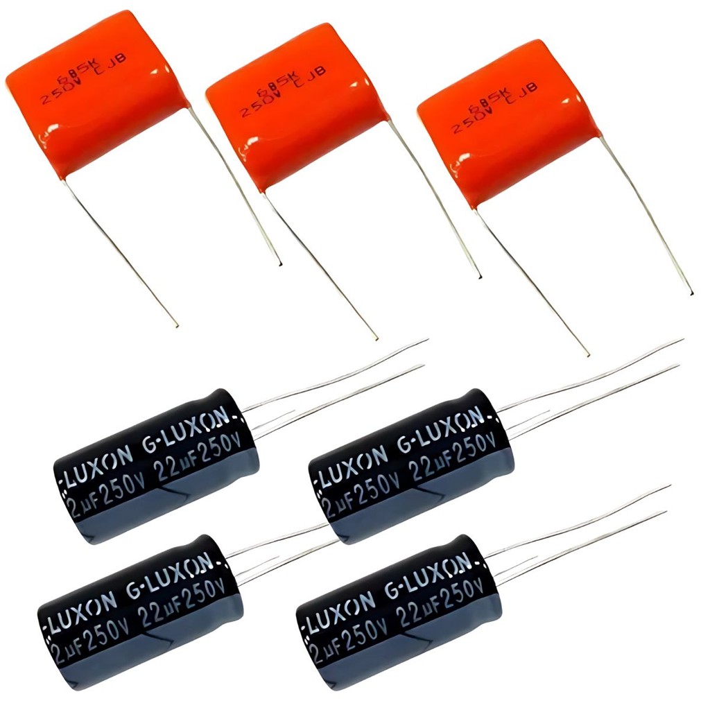 KIT 4 CAPACITORES ELETROLÍTICO 22UF 250V PARA CORNETA E 3 CAPACITORES 2M2 250V PARA SUPER TWEETER