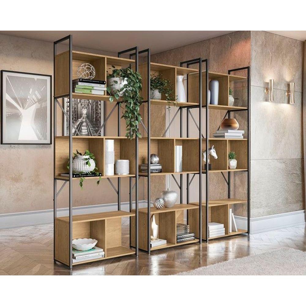 Estante p/Sala Industrial LI014 Kit 3 Un Aço Madeirado 72x200cm Freijo/Preto - Kappesberg em Oferta na Shopee