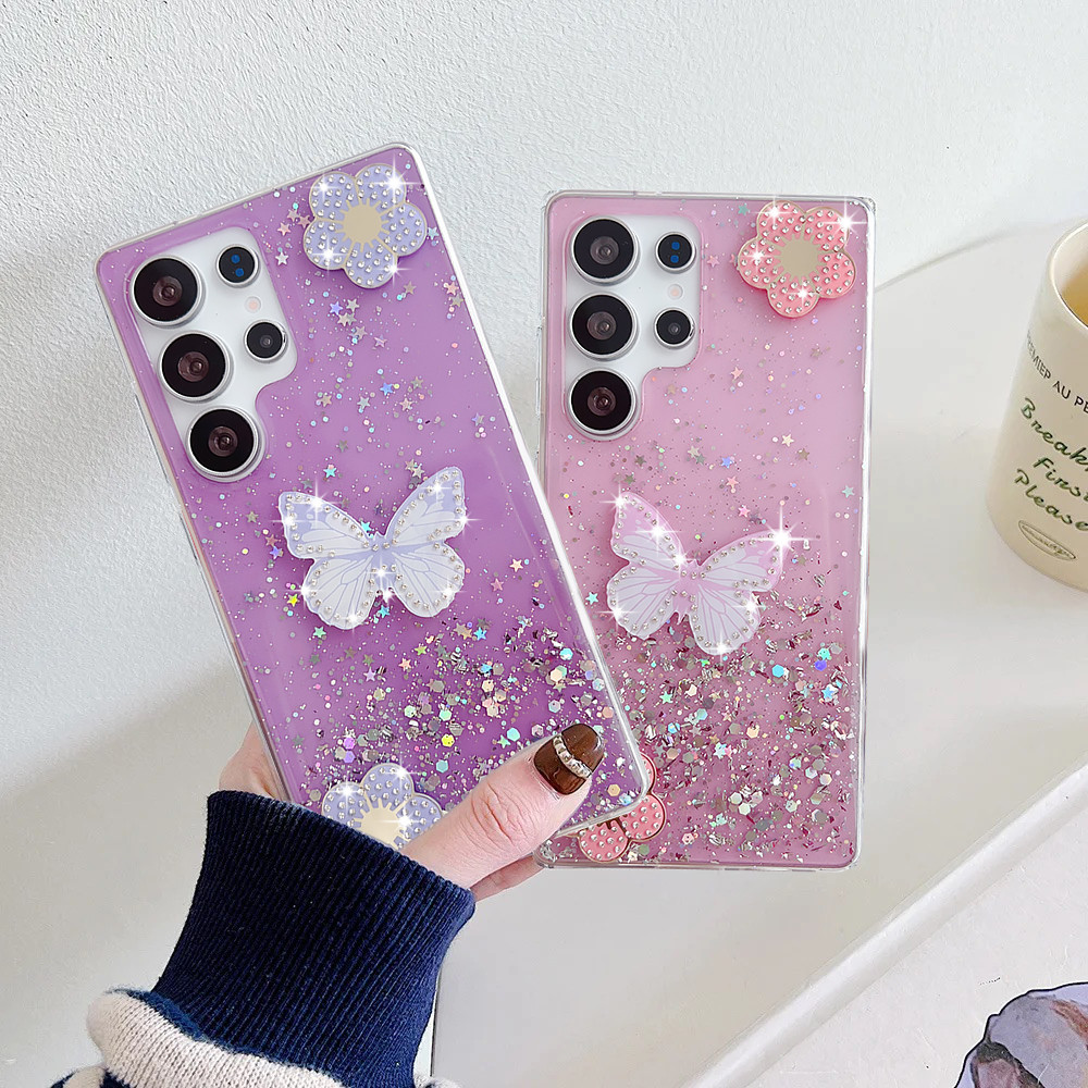Luxo Glitter Borboleta Flor Capa Caso Para Samsung S24 FE S25 A55 A05 A05s A06 A16 A15 A25 A35 S23 S22 Plus S24 Ultra 5G
