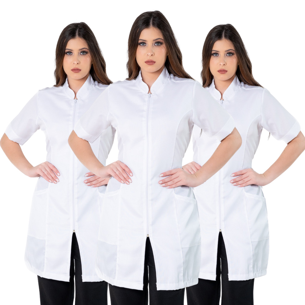 Kit 3 Jalecos Feminino De Zíper Acinturado Oxford Gola Padre Manga Curta Várias Cores