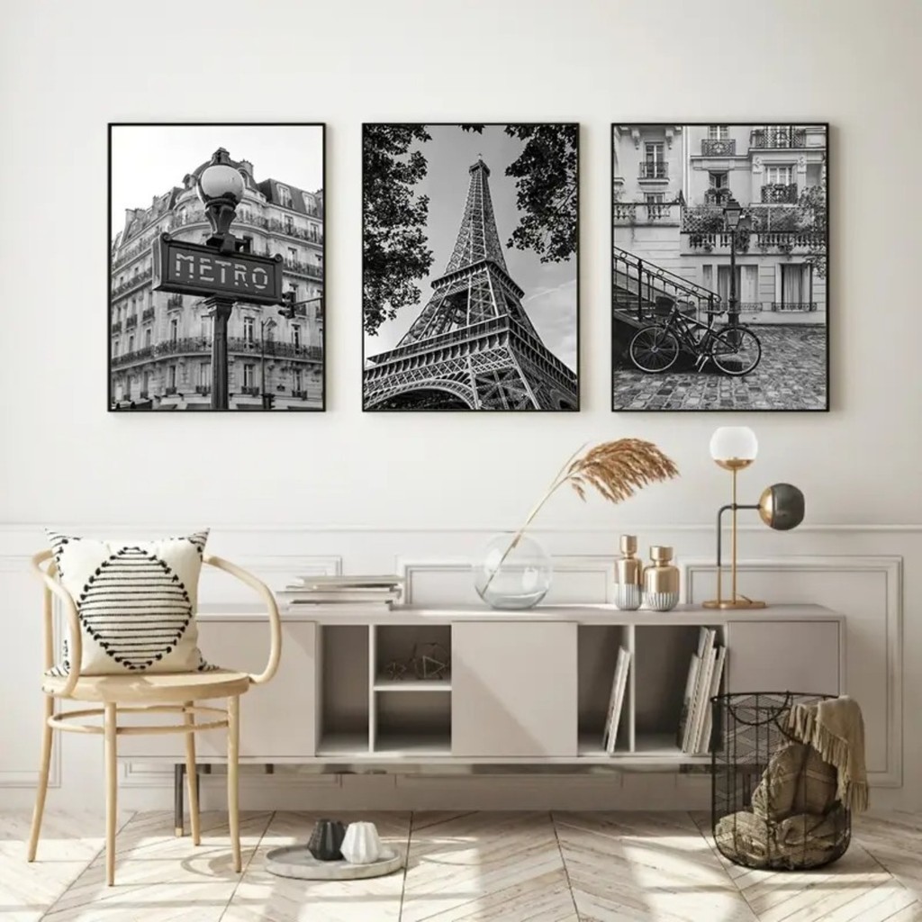 Kit 3 Quadros Torre Eiffel Paris Preto e Branco | Adesivo Vinil Autocolante | Sala Escritório