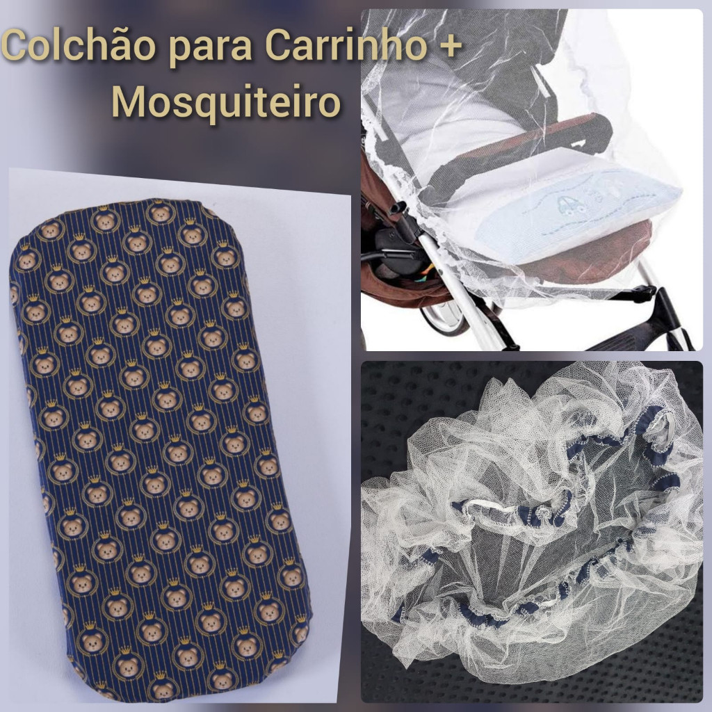 Colchonete Confortavél para Carrinho de Bebê ou Moisés Azul marinho urso rei + Mosquiteiro De Carrinho Azul marinho