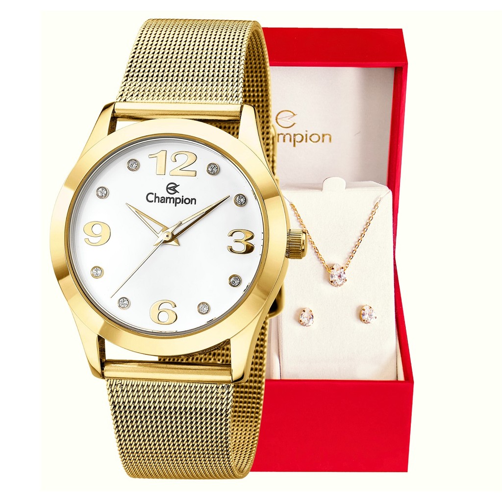 Relogio Feminino Champion Original Analógico Dourado CN29098W Conjunto Colar e B