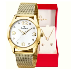 Relogio Feminino Champion Original Analógico Dourado CN29098W Conjunto Colar e Brinco Feminino
