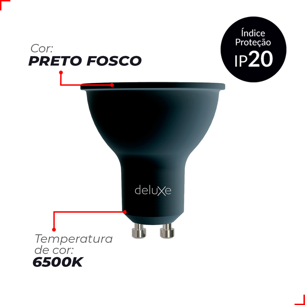 Detalhes do Lampada Led Dicróica MR16 4,8w 6500k Branco Frio GU10 110v/220v Ip20 Preto Cod: 350061373 Deluxe By Avant