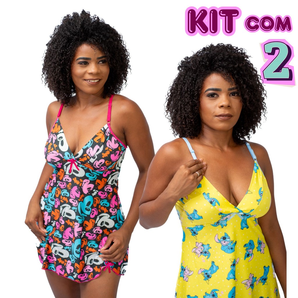 KIT  com 2 Camisola Feminina de Poliéster Camisola Sensual Vestido de Dormir Estampa Divertida em Oferta na Shopee