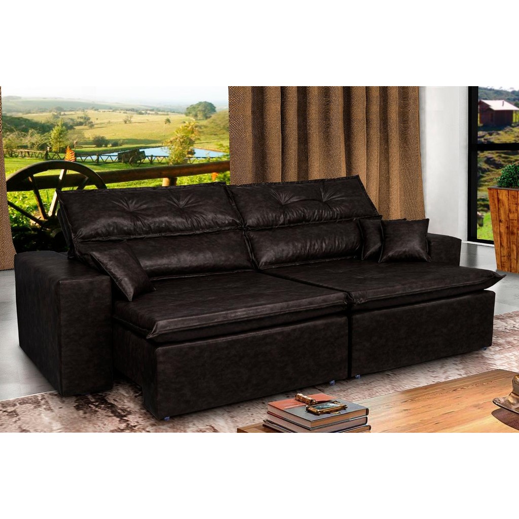 Sofá Tourino 2,32m Retrátil Reclinável, Molas e Pillow no Assento Tecido Courino Café Cama InBox - Home & Living