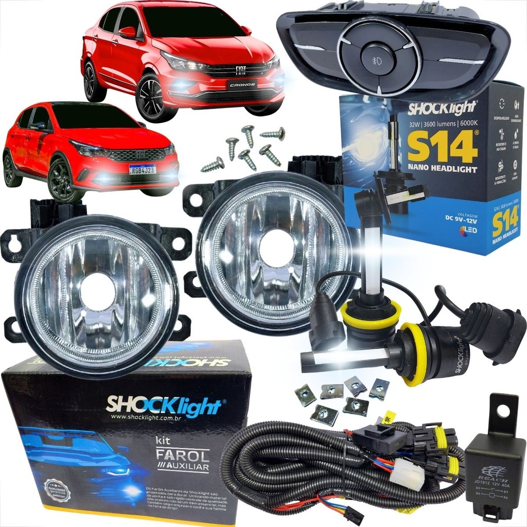 KIT INSTALAÇÃO COMPLETA FAROL DE MILHA FIAT ARGO E CRONOS DE 2017 À 2021 COM BOTÃO ESTILO ORIGINAL + LÂMPADA LED S14