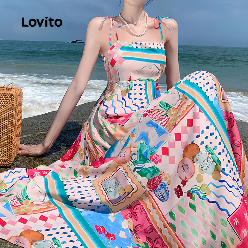 Detalhes do Lovito Vestido Boho com padrão geométrico para mulheres L132ED353