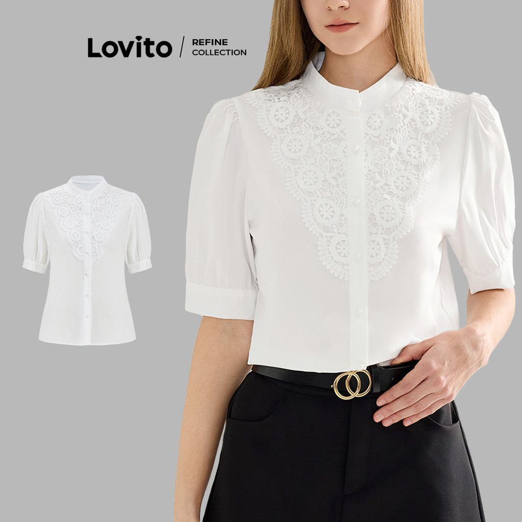 (Lovito Refine) Blusa Botão Liso Frontal Renda Babado Pescoço Blusa Primavera E Verão Para Mulheres L119BR046 - Women Clothes